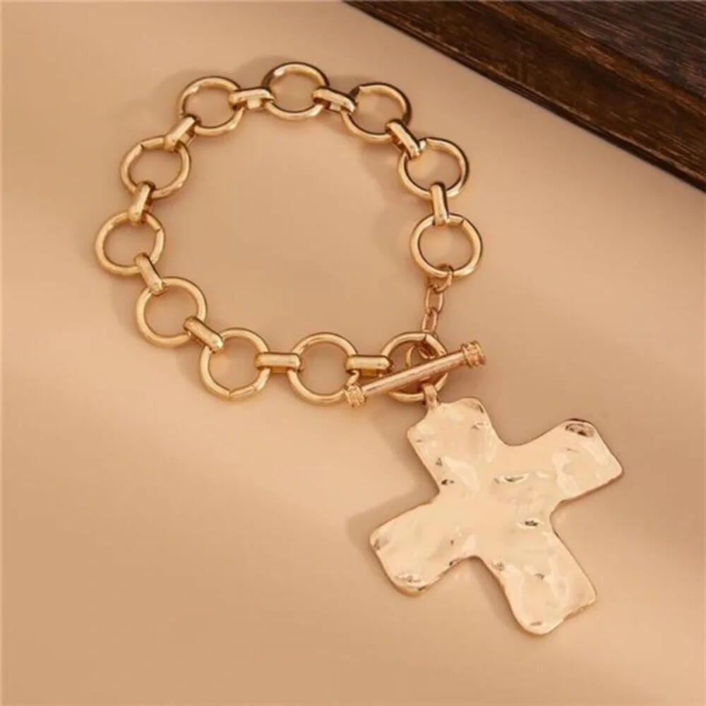 Chunky Big Hammered 24k Gold Plated Cross Bracelet Statement Faith Bracelet new